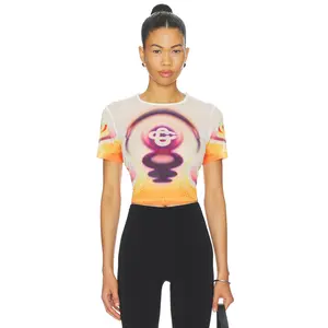 Casablanca Printed Mesh Baby Tee in Sporchid White