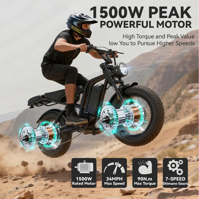 Electric Bike, Equipped with High Carbon Steel Frame, Full Suspension System, 35mph Top Speed, 48V 15AH 20-Inch All-Terrain Tires, Off-Road Motorcycle. Ebike Electric Motorcycle