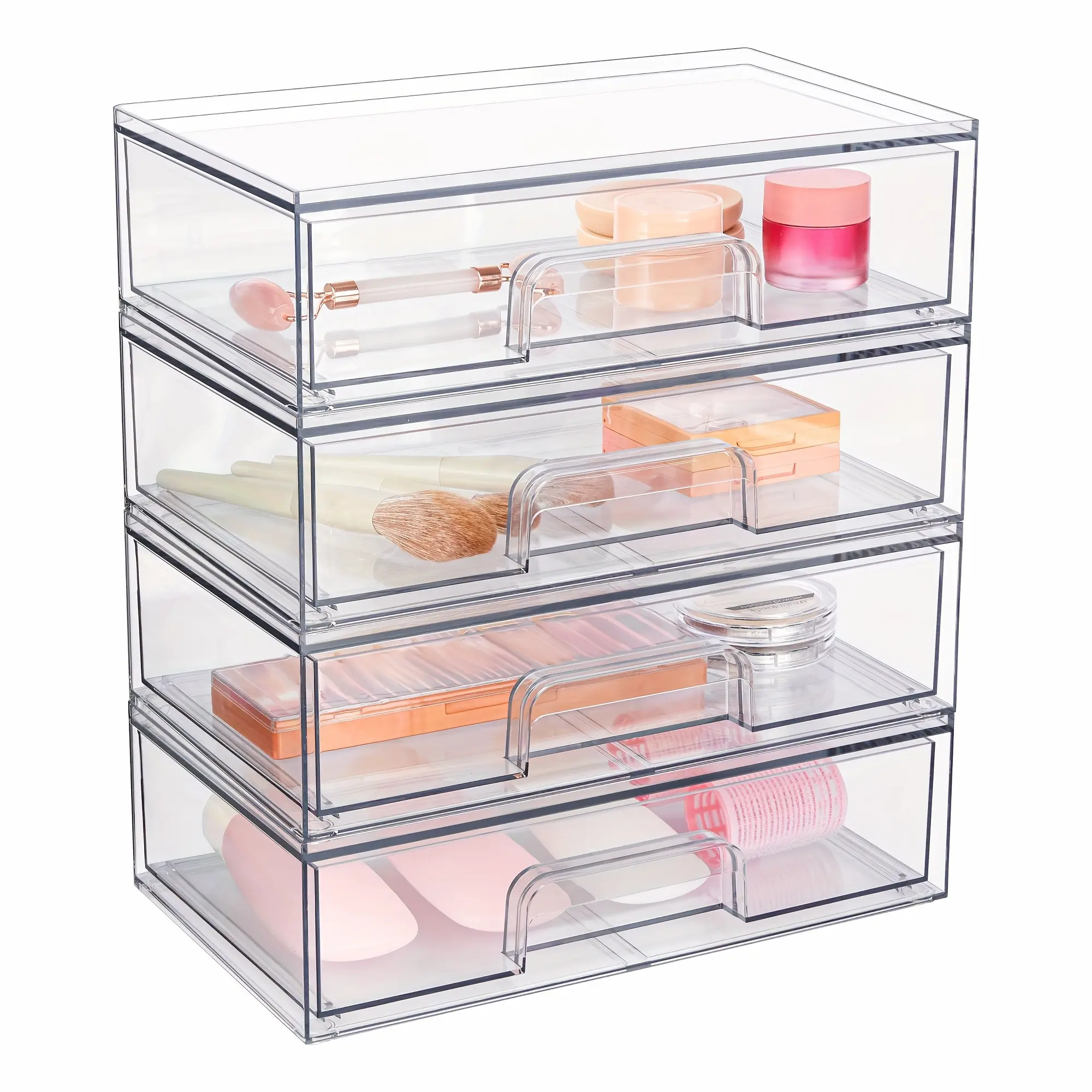 12.1inch Weight Clear Stackable Storage Drawers, 4 Pack Acrylic Plastic Organizers Bins For Makeup Palettes, Cosmetics, And Beauty Supplies, Ideal For Vanity, Bathroom, Cabinet, Desk Organization