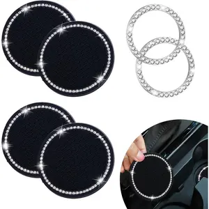 Bling  Cup Holder Coaster, Anti-Slip Rhinestone Cup Holder Insert (4 Pack) with Push Start Button Cover Button Ring (2 Pack), Shiny   Interior Accessories for Women (Black)