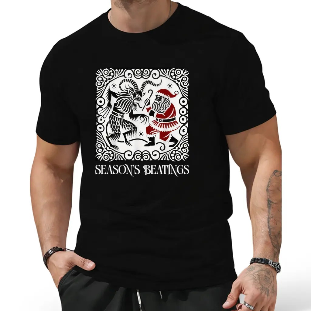 Men'S Vintage T-Shirt Featuring a Krampus And Santa Showdown - Breathable And Machine Washable, Suitable for Any Season, Including The Holidays And Krampusnacht. Available in a Similar Design for Both Men