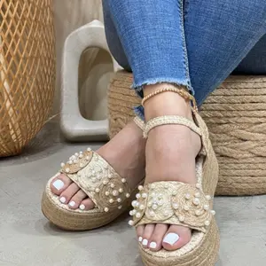 Victoria - Pearl Embellished Espadrille Wedge Sandals for Women Comfortable Summer Footwear