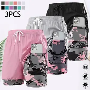 Women’s 3-piece casual athletic shorts set, faux two-piece design, includes lining, elastic drawstring waist, suitable for casual wear and outdoor activities; women’s shorts, summer shorts