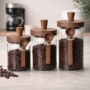 3 Pack Airtight Glass Coffee Bean Storage Jars with Wooden Lids & Scoops – Modern Kitchen Canister Set