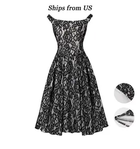 Women's black floral lace off-shoulder mid-length elegant slim fit party evening casual retro bridesmaid dress clothing size S-XXL OutdoorFun Formal Fitted Womenswear