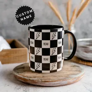 Checkered Mug Personalized Coffee Mug Custom Name Gift Idea under 20 Checkered Cup Custom Name Mug Retro Lightning Bolt Cool Dad Gift