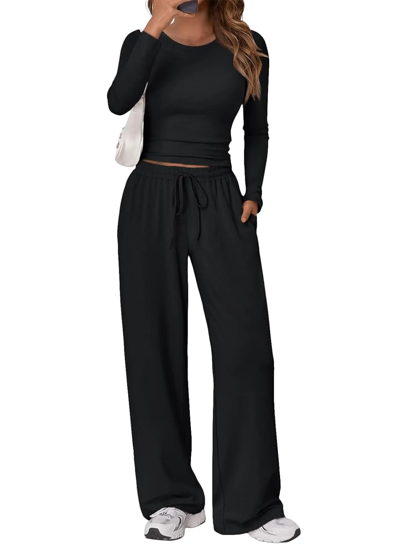 Women's 2-Piece Breathable High-Stretch Slim-Fit Crew Neck Long Sleeve Short Top & Drawstring Waist Wide-Leg Pants Set - Solid Army Fleece, Casual Lounge Set for Gym, Spring & Autumn