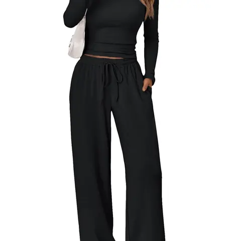 Women's 2-Piece Matching Knit Set - High-Stretch Slim-Fit Crew Neck Cropped Long-Sleeve Top, Drawstring Waist Wide-Leg Pants, Solid Army Fleece Fabric, Casual Lounge Gym Wear for Spring-Autumn, Cropped Top