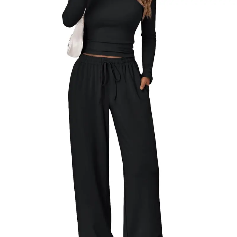 Women's 2-Piece Matching Knit Set - High-Stretch Slim-Fit Crew Neck Cropped Long-Sleeve Top, Drawstring Waist Wide-Leg Pants, Solid Army Fleece Fabric, Casual Lounge Gym Wear for Spring-Autumn, Cropped Top