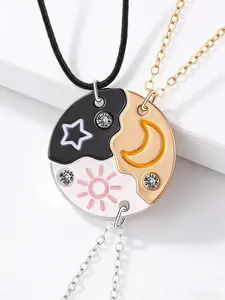 Sun, Moon, and Star Magnetic Necklace Set for Three; Sun, Moon, Star, and Cloud Magnetic Necklace Set for Four. Featuring a unique puzzle-piece design and adorned with sparkling rhinestone accents, this jewelry collection makes the ideal friendship gift c