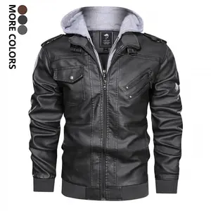 Men's Slim Fit Solid Color Zipper Pocket Long Sleeve Hooded PU Jacket for Daily Outdoor Life Stylish Casual Bomber Work Jacket Motorcycle Streetwear
