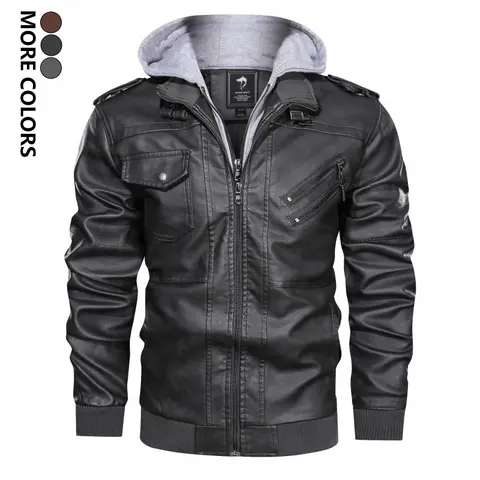 Men's Slim Fit Solid Color Zipper Pocket Long Sleeve Hooded PU Jacket for Daily Outdoor Life Stylish Casual Bomber Work Jacket Motorcycle Streetwear