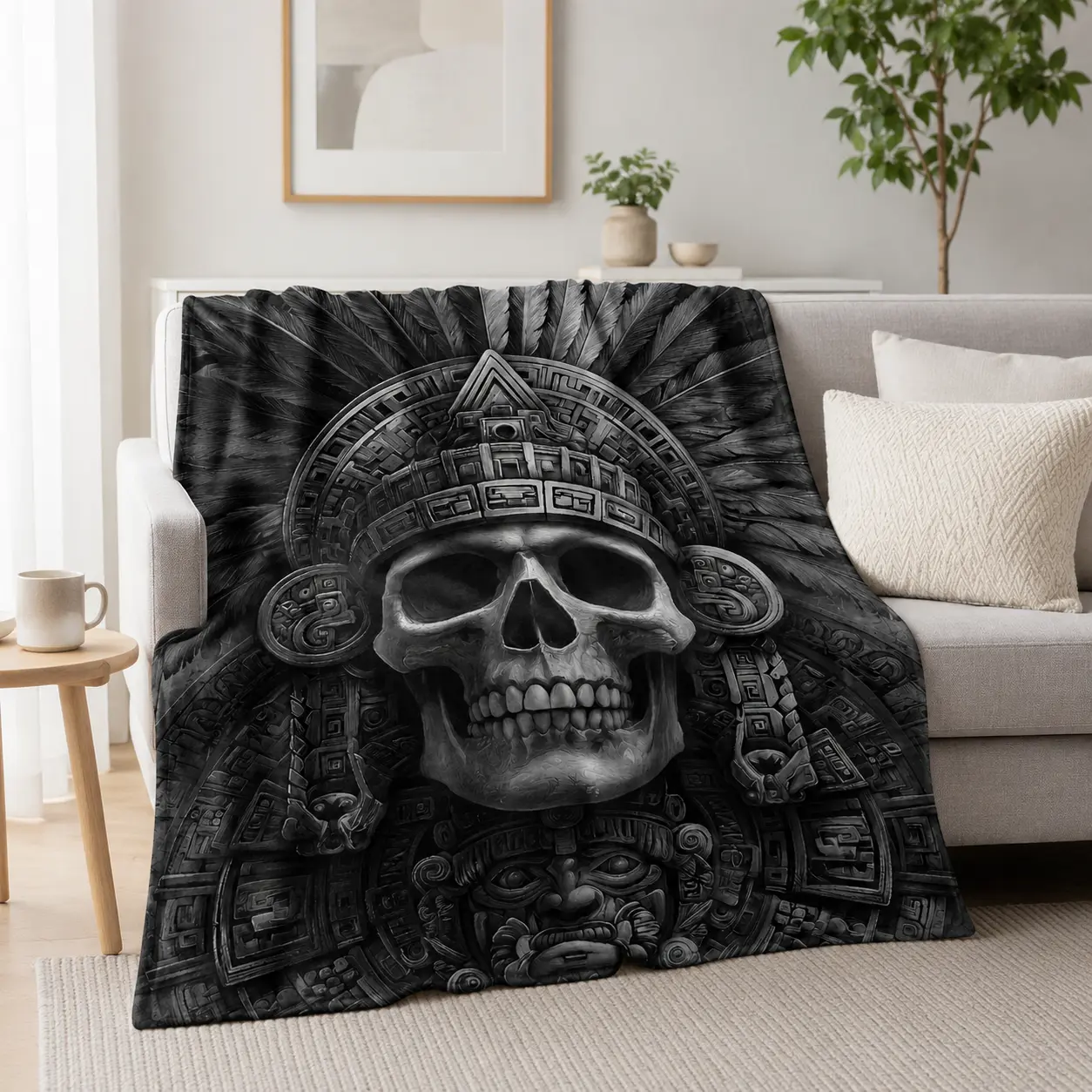 Aztec Skull & Maya Feathered Serpent Flannel Blanket Ancient Tribal Art Print Soft Cozy Polyester Plush Throw Blanket Native Inspired Decorative Cover for Bed Sofa Couch Bedroom Living Room Home Decor Gift