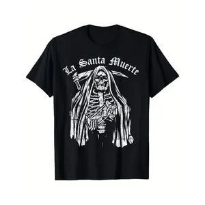 La Santa Muerte T-Shirt, Grim Reaper Skeleton Graphic Tee, Mexican Folk Saint Gothic Shirt for Men Women, Edgy Casual Top, 100% Cotton