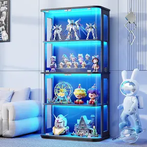 Large Rounded Glass Display Cabinet with Glass Door, 4-Tier Curio Cabinet with 3 Color Lights, Black Storage Display Case bedroom drawers