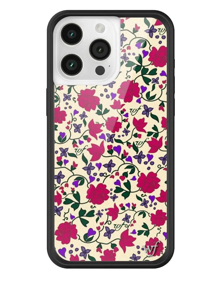 Rose Romance | Limited Edition Trendy iPhone Case | Raised Protective Black Bumper | Women Owned Small Business | Pastel Yellow Background Dark Green Vines Purple and Magenta Flowers | Safety Casing Protective | Gift for Her