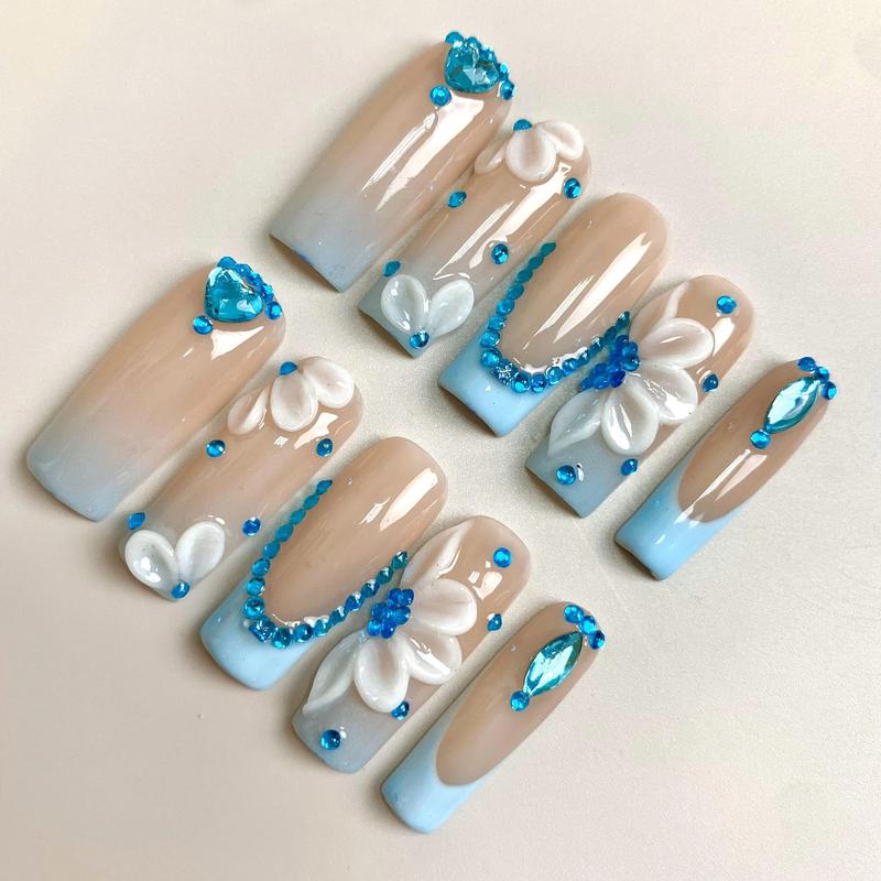 Soluxe Nails - Nude Ombre & Sky Blue Floral Soft Gel Press On Nails, Handmade Luxury Coffin Set, Elegant Floral Design, Chic Modern Manicure Style
