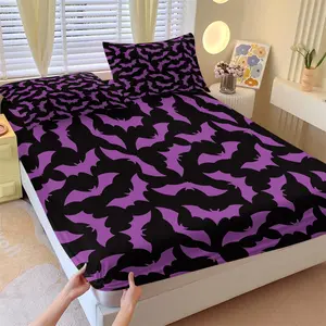3-Piece Bat Print Bedding Set, Includes 1 Fitted Sheet & 2 Pillowcases, Soft Breathable Fabric, Ideal for Home Bedroom Hotel Decor, Decorative Bedsheet Sets