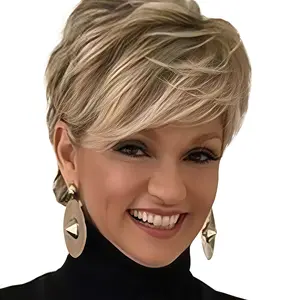Pixie Layered Short Blonde Wigs for White & Black Women Synthetic Hair Blonde Mixed Brown Adjustable Fit 21 Inches Natural Look