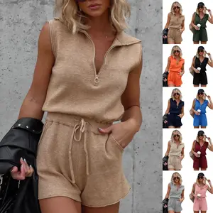 Goranbon Women's Casual Sleeveless Short Rompers Summer Half Zip Lapel Collar Drawstring Knit One Piece Jumpsuit with Pockets