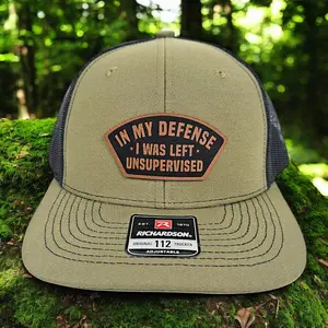In My Defense I Was Left Unsupervised Leather Patch Hat, Hilarious Gift for Men Friends Coworkers, Funny Sarcastic Saying Richardson 112 Hat