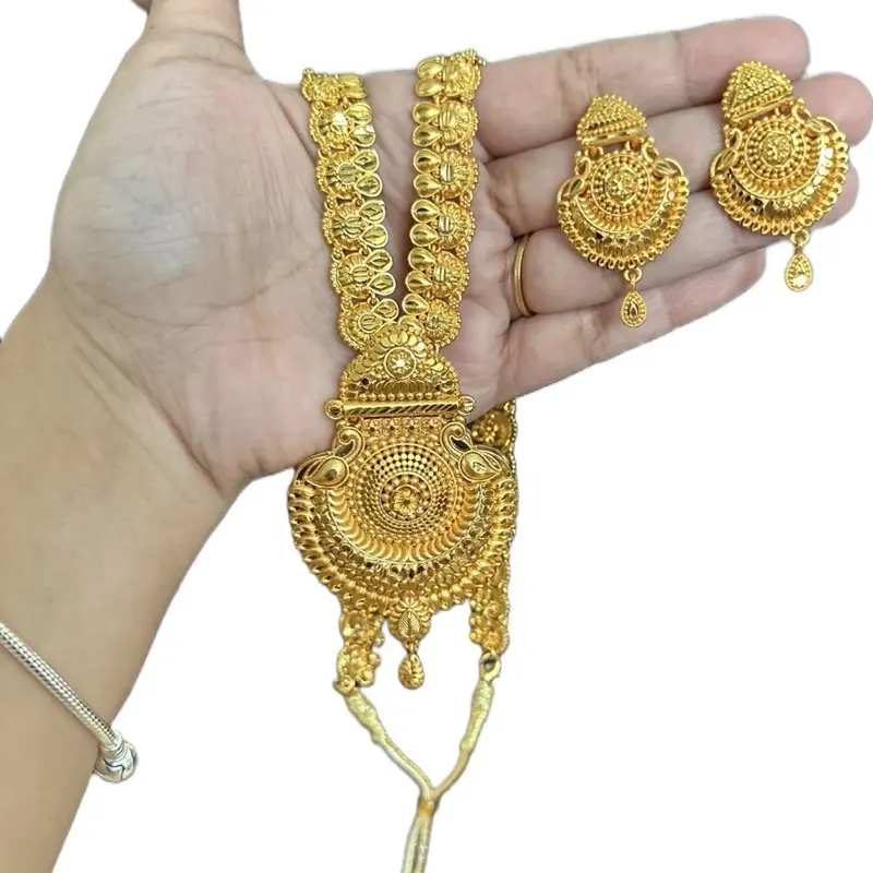 Ethnic-Inspired Gold-Colored 2-Piece Traditional Nepali Gold-Plated Long Chain Rani Haar Necklace Set - Nepali Motif, Matching Earrings, Elegant Costume Jewelry for Special Occasions, Ethnic-Inspired Jewelry Sets, Gold-Colored Jewelry Sets