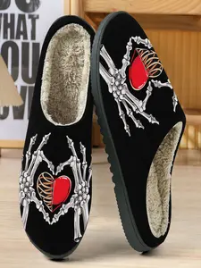 Gothic Skull Heart Cotton Slippers, Bottom Skeleton Hand Mechanical Heart Illustration, Warm Fleece Lining, Casual Home Wear