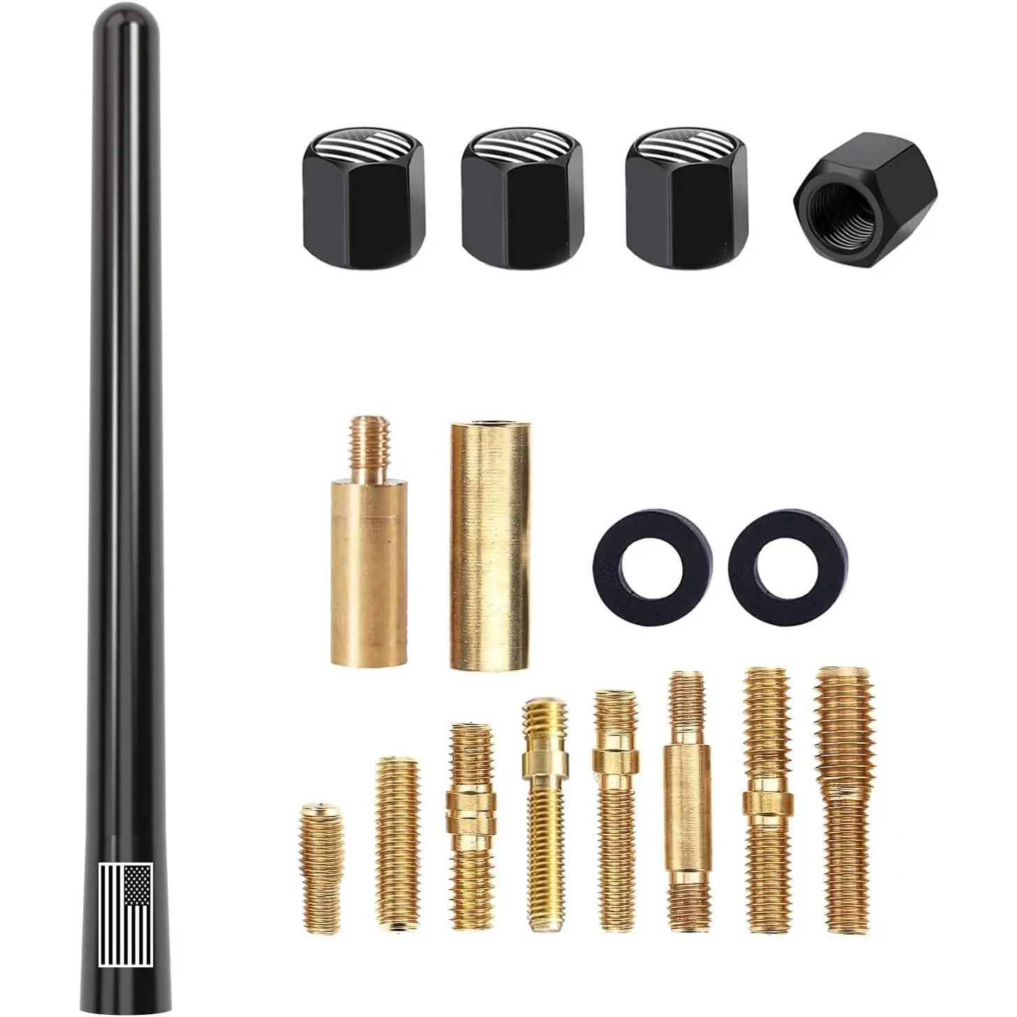 American Flag Car Truck Short Antenna 7" with Tire Valve Caps for GMC Sierra Dodge Ram Chevy Silverado 1500 2500 3500 Avalanche Ford F150 F250 F350 Super Duty Raptor Bronco, Car Accessories (Black), Truck Accessories