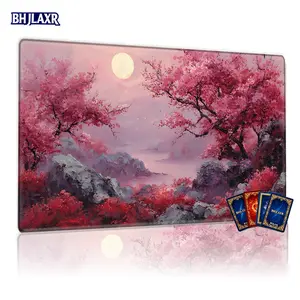 Serene Dusk Pink Cherry Blossom & Full Moon TCG MTG Playmat 12x24inch Non-Slip, Ideal for Family Gatherings & Card Game Enthusiasts, Perfect Gift