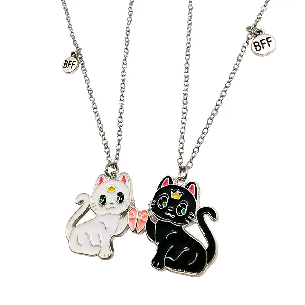 Kitty Cat Matching BFF Necklaces Magnetic Black White Cats Gift For Friend
