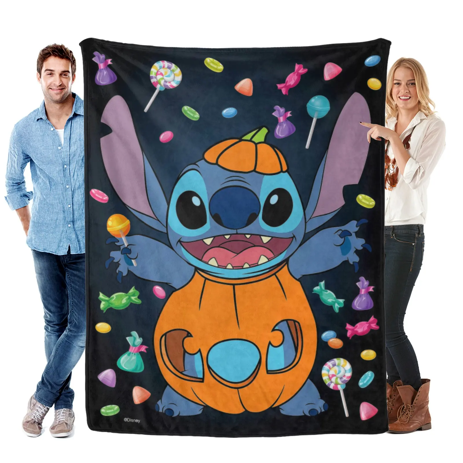 Disney Stitch Pumpkin Candy Themed Halloween Flannel Throw Blanket, Soft Cozy For Dorm Fall Halloween Room Decor