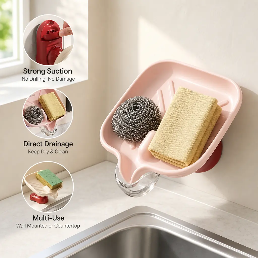 1 Count, Suction Cup Draining Soap Dish Holder, Dual Use Wall Mounted Countertop Organizer for Kitchen and Bathroom Storage