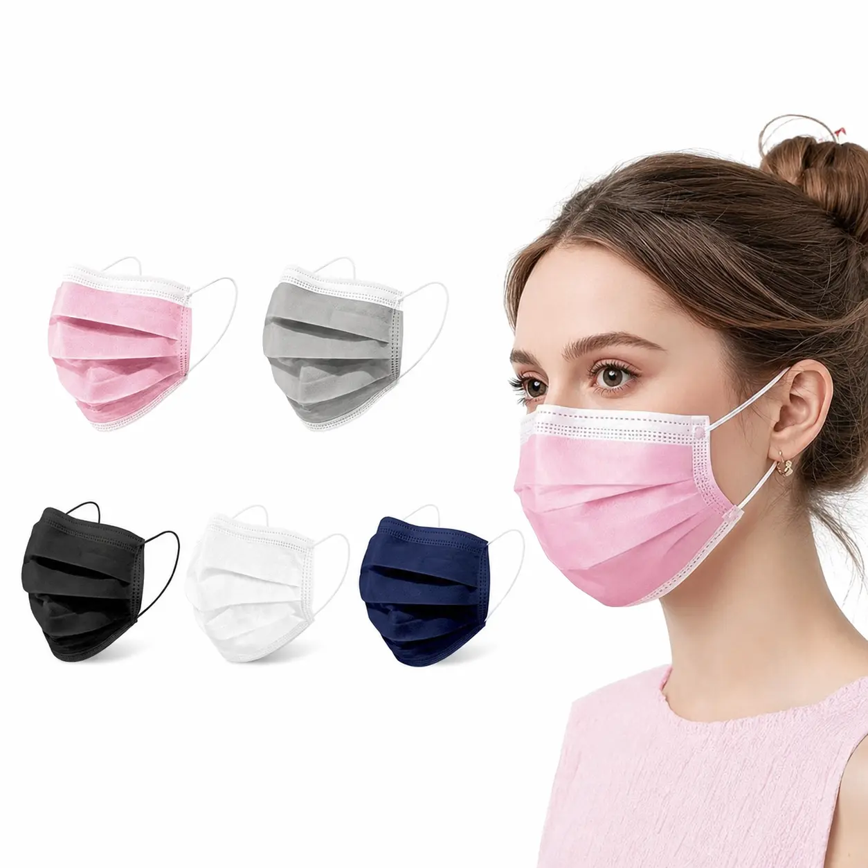 Disposable Adult Non-Woven Lightweight Dustproof PPE Masks (50/100/200Pcs Packaged) - Black, White, Pink, Blue - 3-Layer, ASTM Level 3, P100 Filtering - Healthcare, Office Essentials, Protective, Packaged Ppe Masks