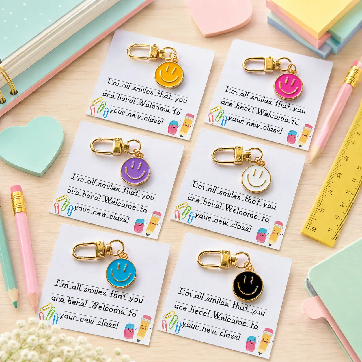 Set of 25 Enamel Smiley‑Face Keychain Charms. Great back‑to‑school gifts for all age groups. Popular among students and young office workers. Perfect gift choice for classrooms, students, teachers, birthdays and holiday occasions.