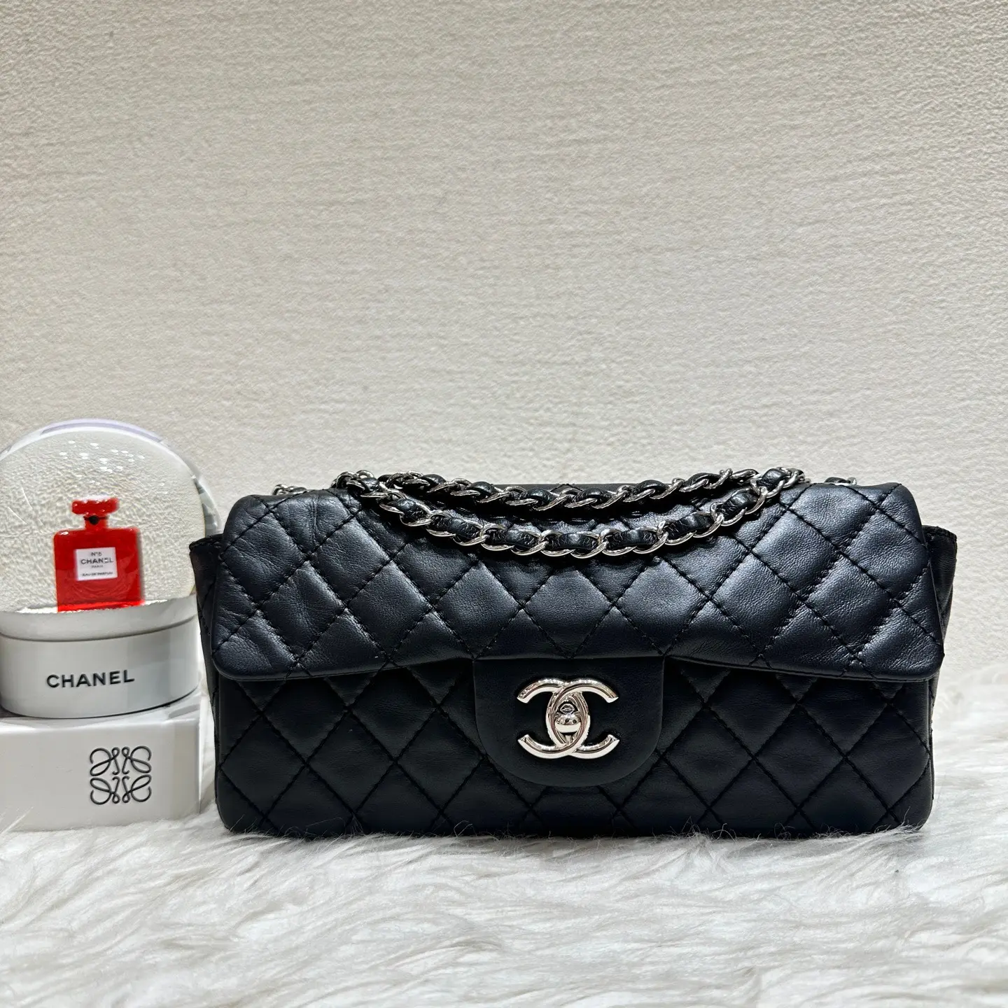 Pre-owned CHANEL classic flap east amd west baguatte medium black and silver 2014