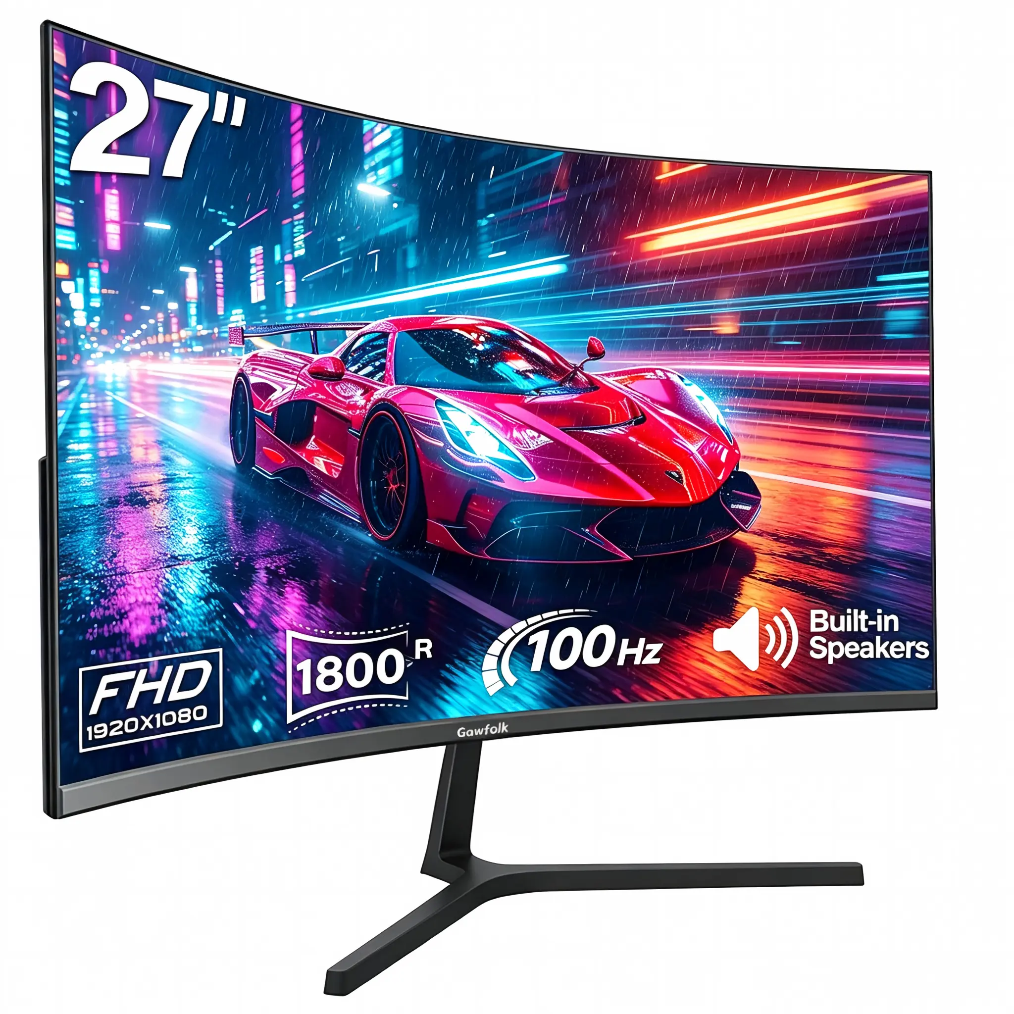 Gawfolk 27" 1800R Curved FHD 1080P Monitor, 100Hz Smooth Refresh, Zero Frameless with Built-in Speakers, HDMI Ports, 75x75 VESA Wall Mount for Gaming & Minimalist Home Office