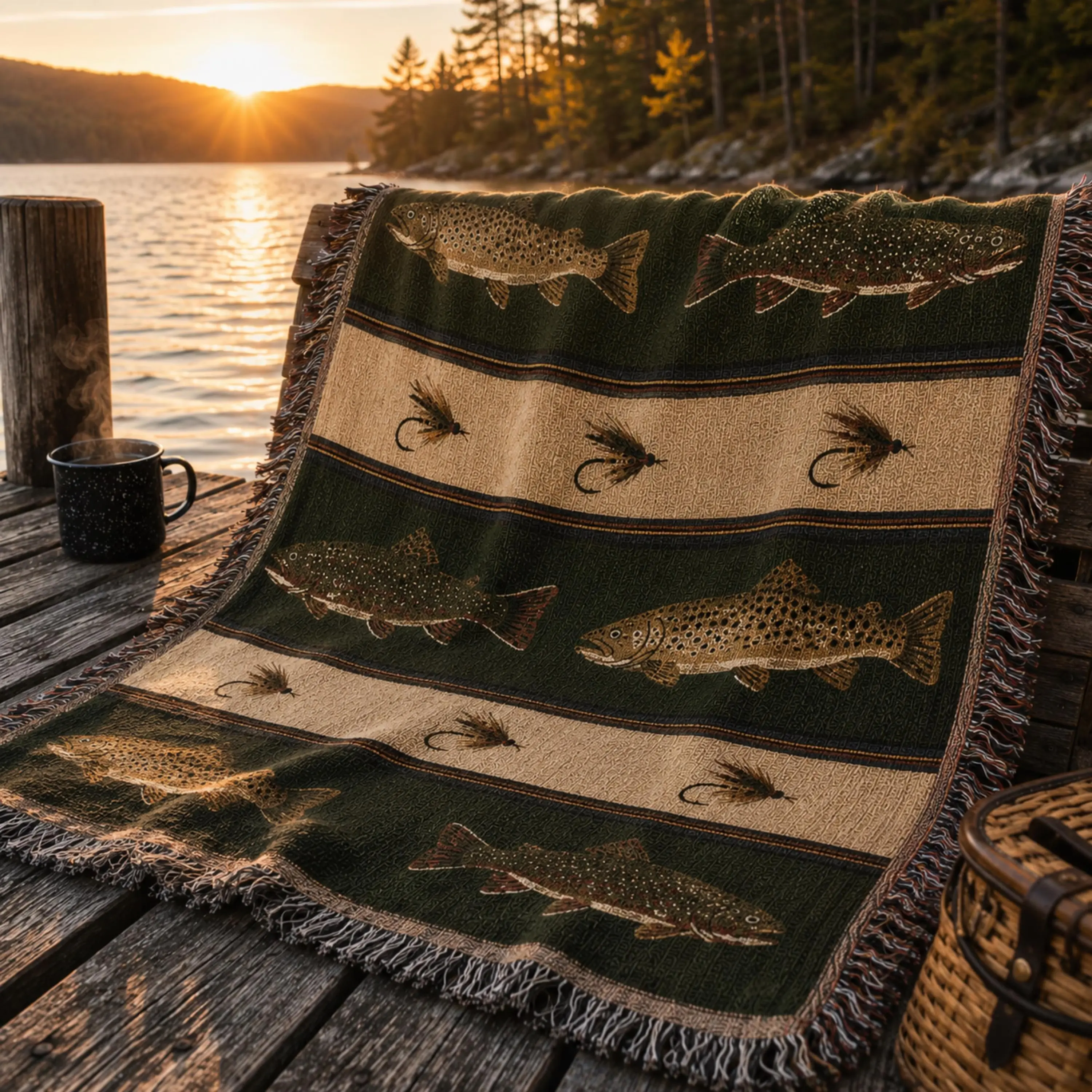 Trout & Fly Woven Tapestry Throw Blanket Fishing Gifts