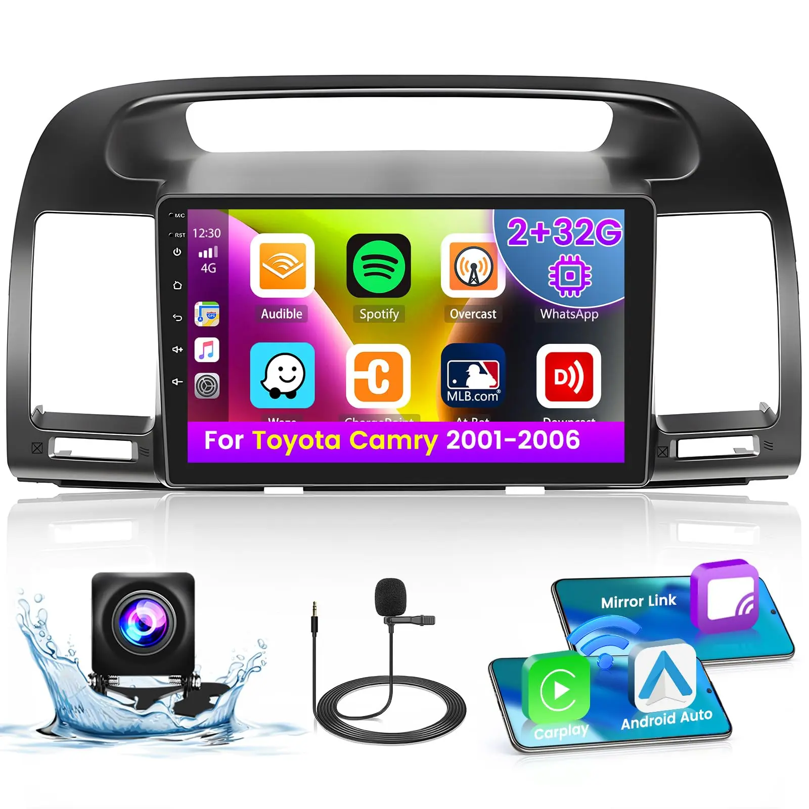 9'' Built-in 2+32G Android Car Player for 2001-2006 Toyota Camry, In-Dash GPS Navigation Car Audio with CarPlay Screen, Wireless CarPlay Adapter, Android Auto, Mirror Link, RDS, AHD, DSP, 1024 x 600 Resolution, Auxiliary Input, Father's Day Gift, Bluetoot