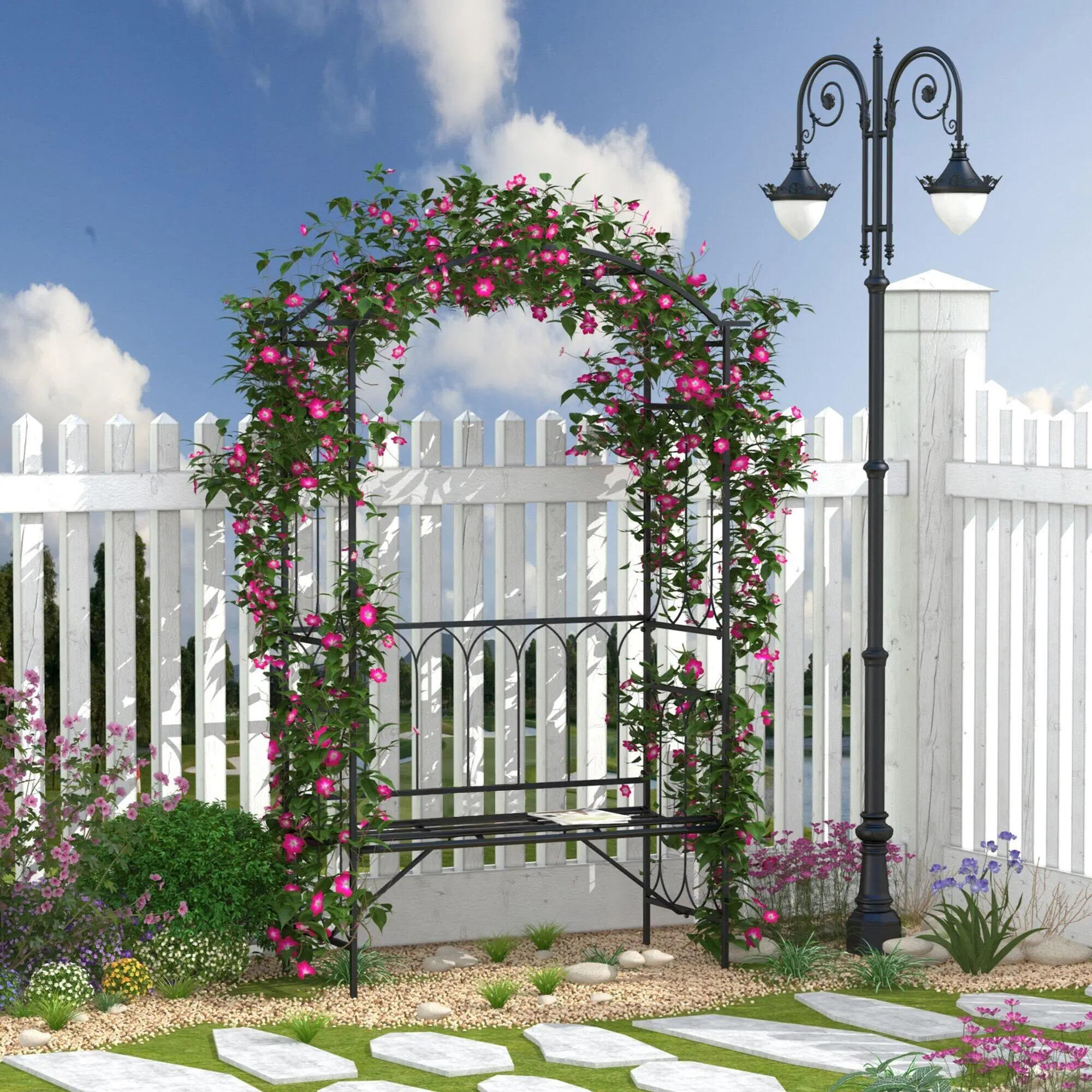 Black Metal Trellis Arbor Arch with Garden Bench, for Climbing Plants, Grape & Vine Growth, Decorative Outdoor Seating Bench