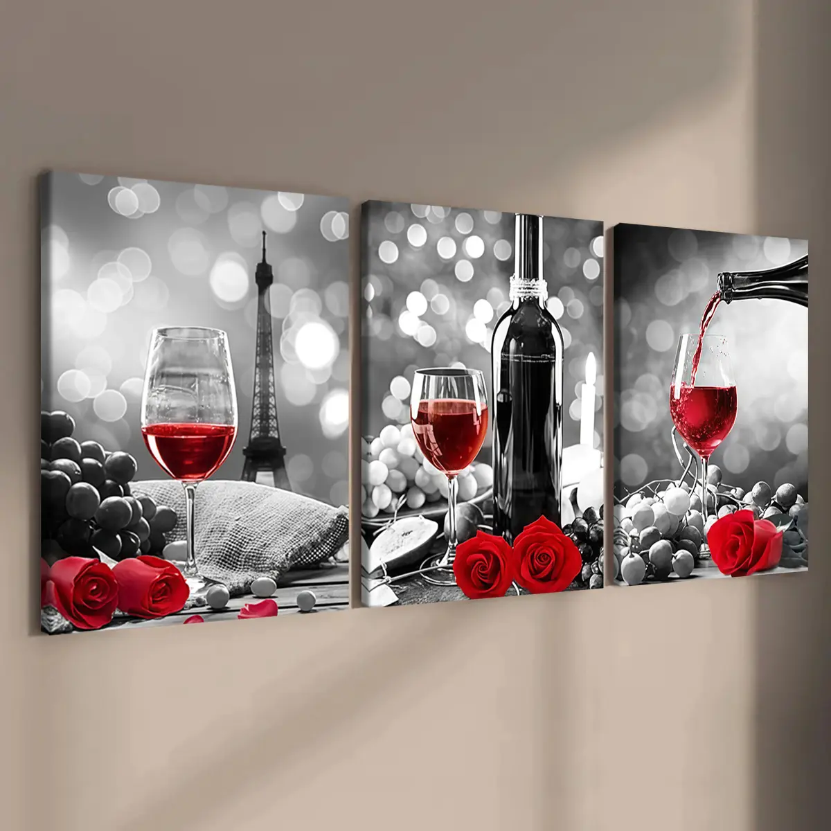 Romantic Rose Floral Wine Poster Set, Solid Wood Canvas Art, Modern Art Design, Artistic Modern Kitchen Dining Room Decor, High-Definition, Decoration Items, Modern Home Decor, Aesthetic Wall Decor