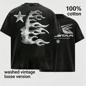 Mens Flame Graphic T-Shirt, Vintage Washed Streetwear Tee, 100% Cotton Loose Fit Casual Shirt, Y2K Punk Style Gift