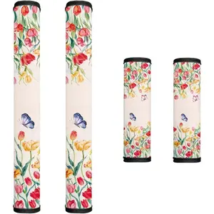 Set of 4 Floral Refrigerator Door Handle Covers Anti-Skid Heat Protection Anti-Static Washable for Fridge Microwave Tulip Flower Butterfly