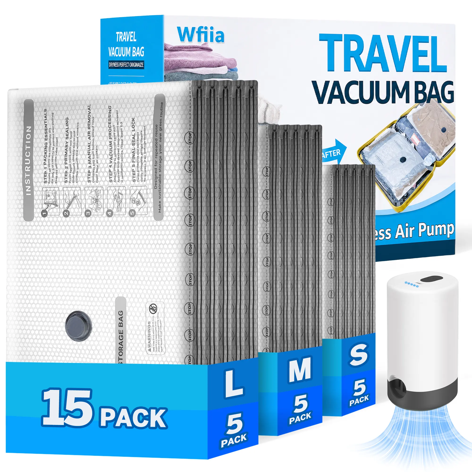15-Pack Reusable Vacuum Storage Bags with Rechargeable Pump, 3 Sizes Heavy-Duty Side-Zip Compression Bags for Clothes, Travel Luggage & Closet Organization, Clothes Bag