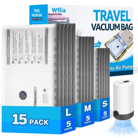 15-Pack Durable Reusable Vacuum Compression Bags with Rechargeable Pump, 3-Size Heavy-Duty Side-Zip 15pack Travel Kit, Clothes Bag for Closet Organization & Travel Luggage