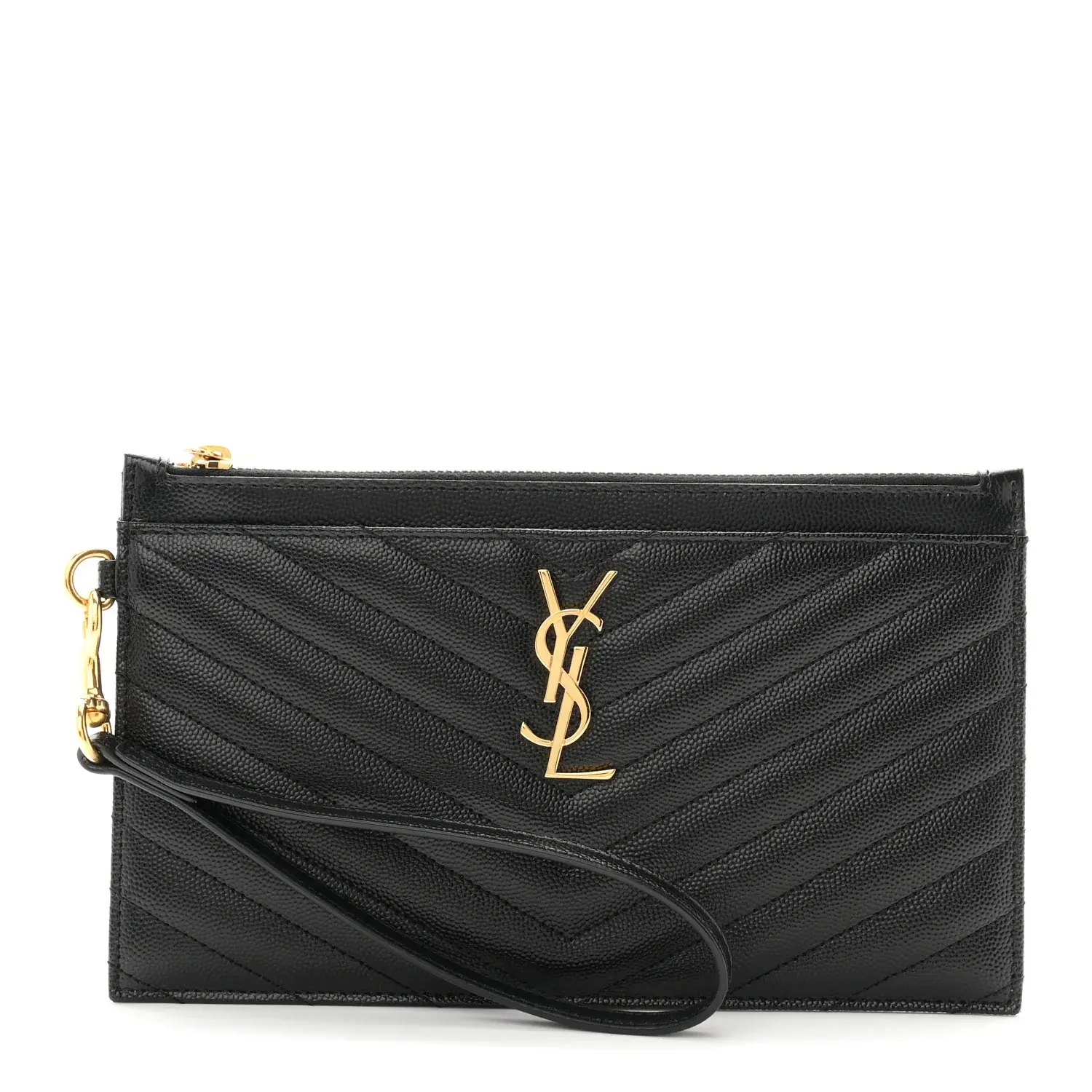 Pre-owned Yves Saint Laurent Grain de Poudre Chevron Leather Small leather goods Grain De Poudre Chevron Monogram Large Bill Pouch Black