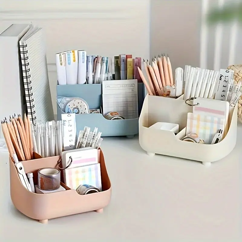 Large Capacity Solid Color Five-Compartment Desktop Storage Box, Multi-Functional Desk Organizer, Stationery Storage Organizer, Office & Home Use, Desk Organizers With Compartments