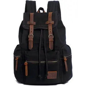 High Capacity Canvas Vintage Backpack - for School Travel 12-15.6" Laptop Backapcks for Men Casual Daypacks Rucksack (L-Black)