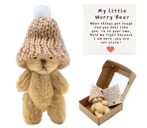 Mini Worry Bear with A Hat, Positive Mini Bears, Little Worry Bears in A Box with Encouragement Little Card, Soft Handmade Pocket Bear for Lovers, Family, Friend