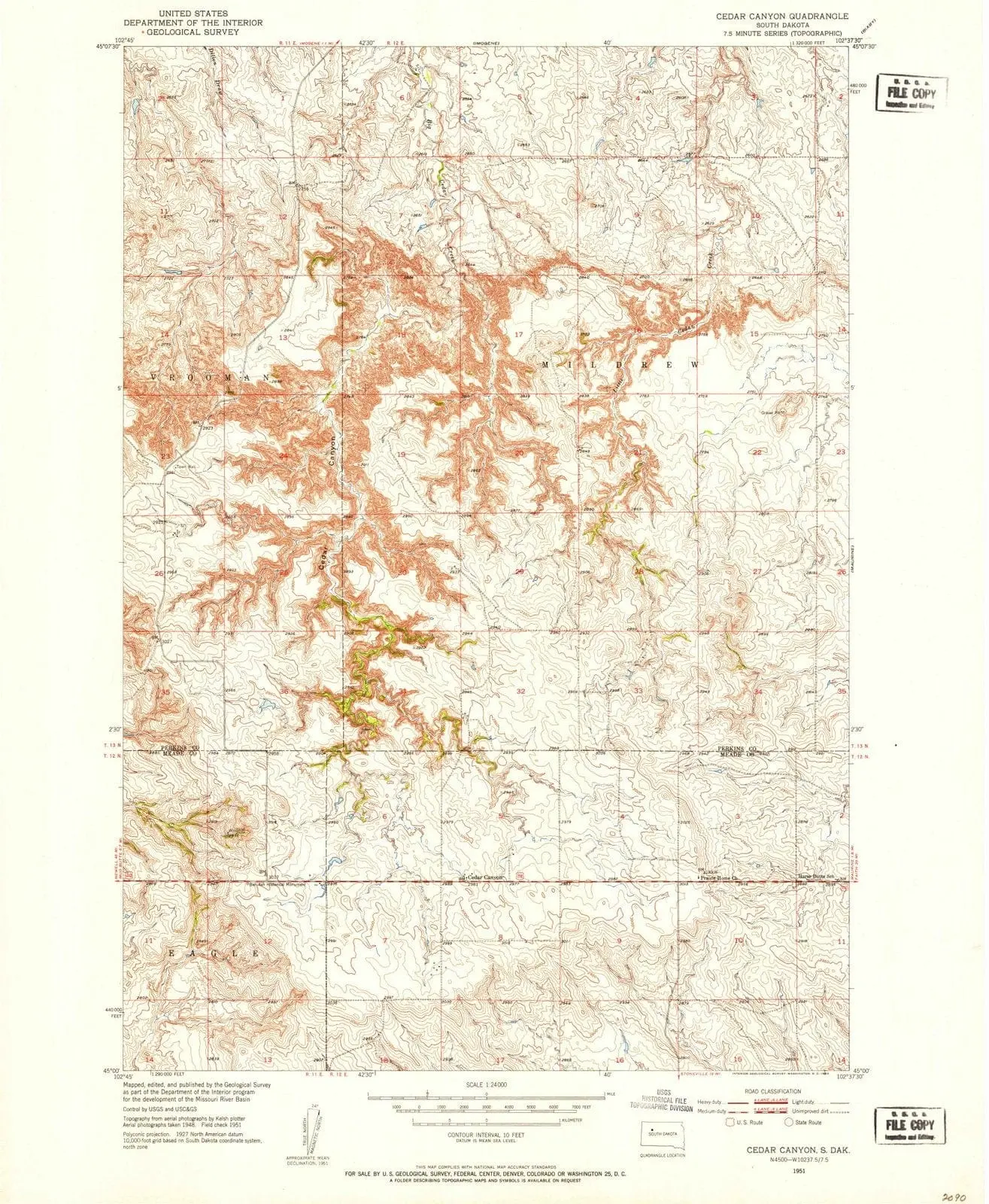 Cedar Canyon South Dakota USGS Topographic Quadrangle Map, 1951, 1:24000
