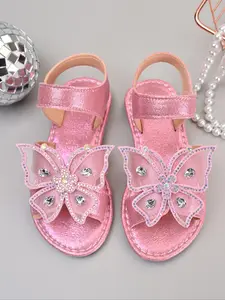 Glitter Girls' Princess Sandals, Elegant Mesh Butterfly Rhinestone Decor, Velcro Ankle Strap, Anti-Slip Comfortable Shoes, Sparkly Sandals
